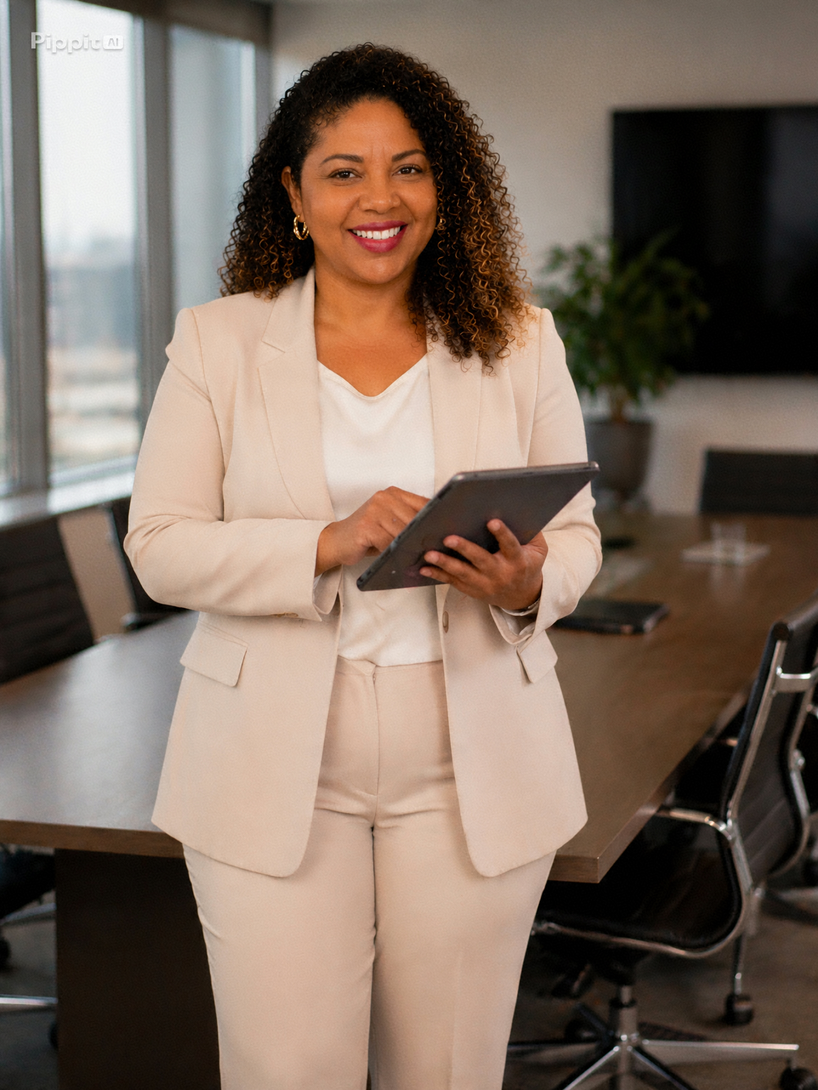 Marcela Nascimento de pé em uma sala de reunião segurando um tablet