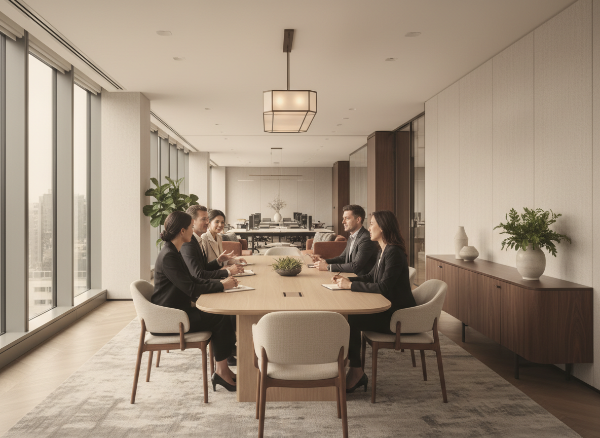 Ambiente corporativo moderno com equipe reunida em espaço de coworking elegante